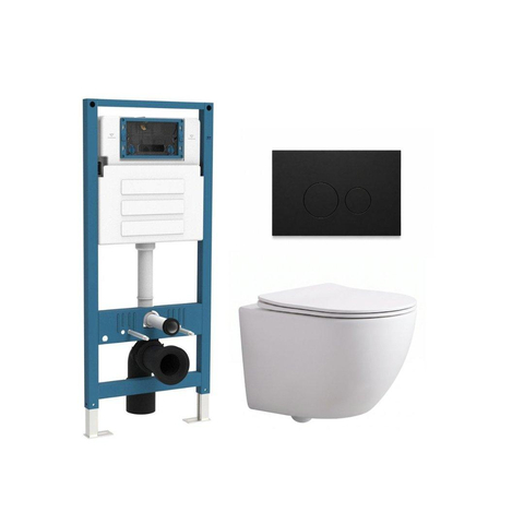 QeramiQ Dely Swirl Compact Toiletset - inbouwreservoir QeramiQ flush - slim zitting - kunststof kunststof bedieningsplaat mat zwart - ronde knoppen - mat wit SW1590649