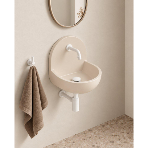 Saniclass Fuente pack lave-mains – demi-rond – 46,5 x 35 x 43,2 cm – Solid Surface crème – robinet blanc mat SW1587532