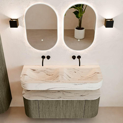 MONDIAZ THOR-DLUX Meuble de salle de bains 120cm arrondi gauche + droite couleur Shadow avec 1 tiroir et 2 portes. Vasque suspendue CLOUD Double sans trou de robinet couleur Nata. SW1463389