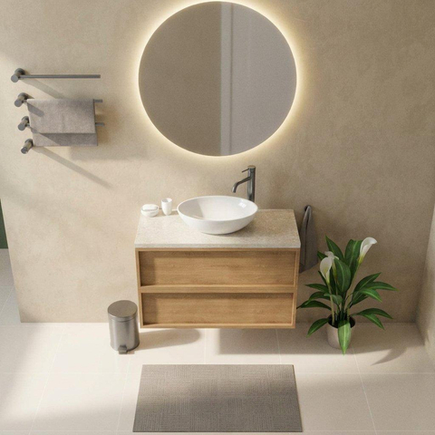 Saniclass Holz Frame Badkamermeubelset - 100x45x63cm - Travertine natuurstenen topblad - 1 kraangat - 2 lades - mat eiken natural (hout) SW1580034