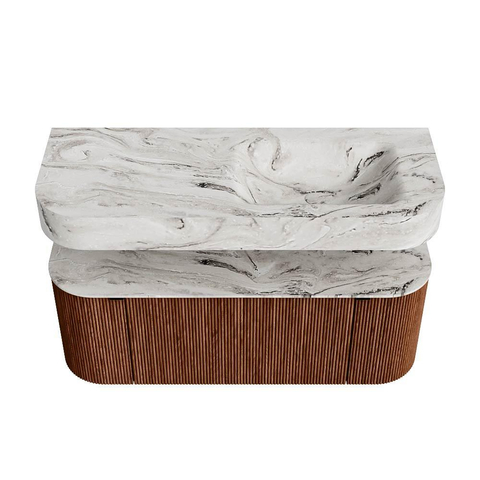 MONDIAZ THOR-DLUX 120cm meuble de salle de bains arrondi gauche + droite couleur Ruby avec 1 tiroir et 2 portes. Vasque suspendue CLOUD Droite 1 trou de robinet couleur Glace. SW1463091