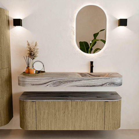 MONDIAZ THOR-DLUX 140cm meuble de salle de bains arrondi gauche + droite couleur Dusk avec 1 tiroir et 2 portes. Vasque suspendue CLOUD Droite 1 trou de robinet couleur Sombra. SW1464239