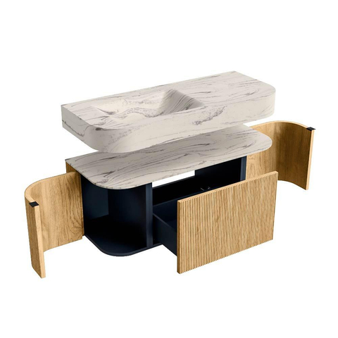 MONDIAZ THOR-DLUX 110cm badmeubel ronding links + rechts kleur Oak met 1 lade en 2 deuren. Vrijhangende wastafel CLOUD Links 1 kraangat kleur Nata. SW1462934