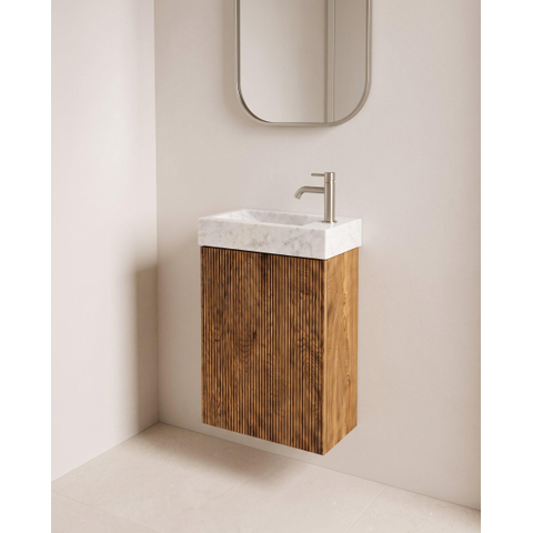 Saniclass Holz Atelier Ensemble de meuble de toilette - 40x60.5cm - 1 porte - lave-mains pierre naturelle marbre - trou de robinet à droite - walnut pure SW1577771