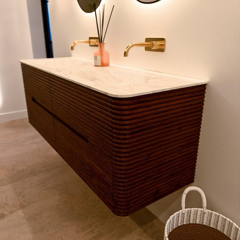 Mondiaz CIRO-DLUX Badkamermeubelset - 140x45x50cm - Solid surface wastafel Ostra - 2 wasbak Dubbel - zonder kraangaten - 4 lades - Ruby SW1531852