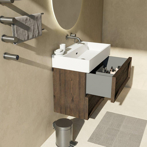 Saniclass Holz Frame Badkamermeubelset - 80x45x72cm - Legend keramische wastafel mat wit - 1 wasbak - zonder kraangat - 2 lades - mat eiken charcoal (hout) SW1580070