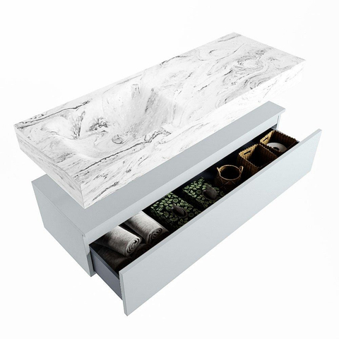 Mondiaz ALAN-DLUX Ensemble de meuble - 130cm - meuble Clay mat - 1 tiroir - Lavabo Cloud Glace suspendu - vasque Gauche - 0 trous de robinet SW806035