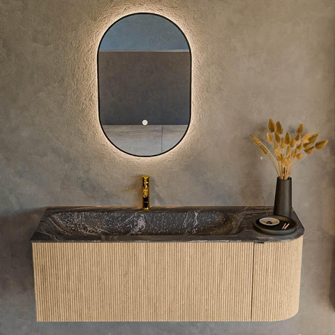 MONDIAZ KURVE-DLUX meuble de salle de bains 125cm avec module 25 R couleur chêne avec 1 tiroir et 1 porte. Lavabo BIG MEDIUM gauche 1 trou de robinet couleur lave. SW1137311