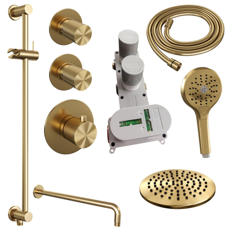 Brauer Gold Carving Colonne de douche thermostatique avec pommeau 20cm et bras mural courbé 40cm et douchette Rond 3 jet flexible lisse avec coude mural Or brossé PVD SW715592