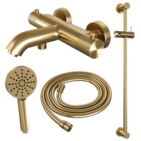 Brauer Gold Carving Badkraan Opbouw - glijstang - 2 functies - 2 carving knoppen - handdouche rond 3 standen - PVD - geborsteld goud SW715708