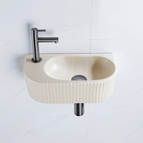 QeramiQ Fuente pack lave-mains – demi-rond – 40 x 21,5 x 12 cm – perçage à gauche – robinet gunmetal – cannelé SW1233036