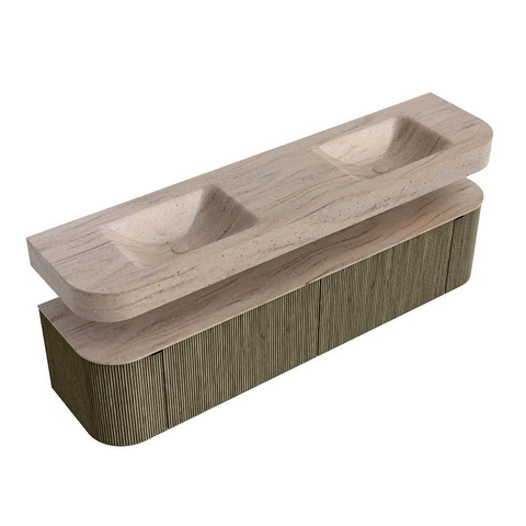 MONDIAZ THOR-DLUX Meuble de salle de bains 190cm arrondi gauche + droite couleur Shadow avec 2 tiroirs et 2 portes. Vasque suspendue CLOUD Double sans trou de robinet couleur Saba. SW1466694