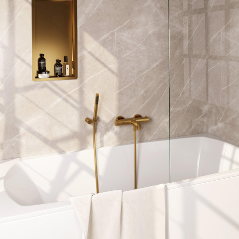BRAUER Stripe Mitigeur thermostatique douche bain - SET 03 - apparent - support mural - douchette sur barre - flexible de douche - or brossé PVD SW1434809