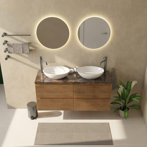 Saniclass Holz Atelier Badkamermeubelset - 140x45x63cm - Noche natuurstenen topblad dark emperador - 2 kraangaten - 4 lades - mat eiken natural (hout) SW1479067