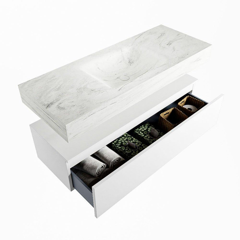 Mondiaz ALAN-DLUX Ensemble de meuble - 120cm - meuble Talc mat - 1 tiroir - Lavabo Cloud Opalo suspendu - vasque Centre - 0 trous de robinet SW806102