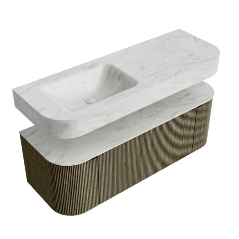 MONDIAZ THOR-DLUX 130cm meuble de salle de bains arrondi gauche + droite couleur Shadow avec 1 tiroir et 2 portes. Vasque suspendue CLOUD Gauche 1 trou de robinet couleur Opalo. SW1463762