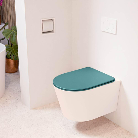 Mondiaz LAVIE hangtoilet – spoelrandloos – 36 x 53 cm – met softclose zitting – Rosee (roze), zitting Smag (groen) SW1208718
