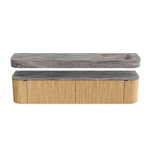 MONDIAZ THOR-DLUX 200cm badmeubel ronding links + rechts kleur Oak met 2 lades en 2 deuren. Vrijhangende wastafel CLOUD Rechts zonder kraangat kleur Oza. SW1467177