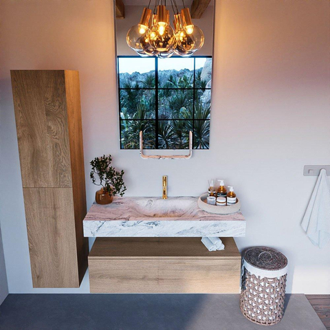 Mondiaz ALAN-DLUX Ensemble de meuble - 110cm - meuble Washed Oak mat - 1 tiroir - Lavabo Cloud Glace suspendu - vasque Centre - 1 trou de robinet SW808784