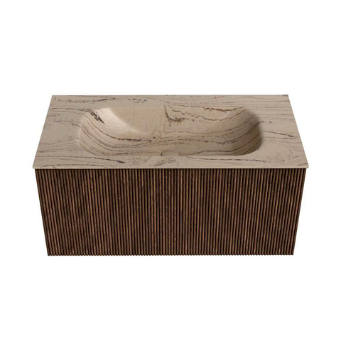 MONDIAZ KURVE-DLUX 90cm badmeubel kleur Walnut met 1 lade en 0 deuren. Wastafel BIG SMALL Midden 1 kraangat Arena. SW1431213