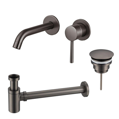 Fortifura Calvi Slim Wastafelkraanset - inbouw wastafelkraan - always open plug - verlaagde design - sifon - PVD - geborsteld gunmetal (antraciet) SW891947
