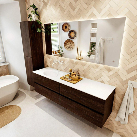 MONDIAZ Vica Ensemble meuble de salle de bains - 170cm - meuble bas dark brown - 4 tiroirs - lavabo moon à gauche - sans trous de robinet - version haute 60cm - talc SW1082651