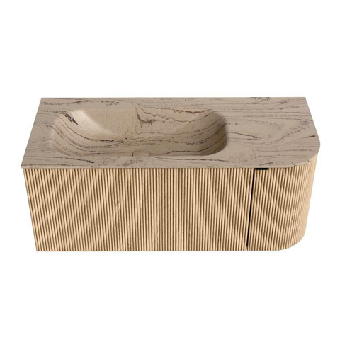 MONDIAZ KURVE-DLUX 105cm badmeubel ronding Rechts kleur Oak met 1 lade en 1 deur. Wastafel BIG SMALL Links 1 kraangat Arena. SW1431111