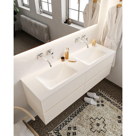 MONDIAZ VICA Ensemble de meuble salle de bain - 150cm - 4 tiroirs - lavabo Cloud double - 0 trous de robinet - solid surface lin SW411045