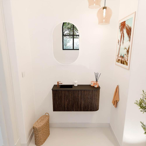 Mondiaz JOYA 81.6cm toiletmeubel - ronding rechts kleur Walnut - Wastafel FAYE positie Links 1 kraangat kleur Urban. SW1421376