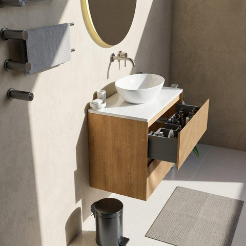 Saniclass Holz Atelier Ensemble meuble de salle de bains - 80x45x62.5cm - Plan supérieur Torino en solid surface blanc - sans trou de robinet - 2 tiroirs - chêne naturel mat (bois) SW1478691