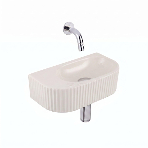 QeramiQ Fuente Fontein - 40x22x12cm - ribbel - halfrond - zonder fonteinkraangat - keramiek - fonteinkraan chroom - verlaagd sifon - afvoerplug - linnen SW1583221