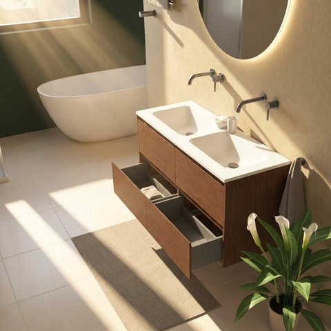 Saniclass Holz Pure Badkamermeubelset - 120x45x77.5cm - Torino solid surface wastafel wit - zonder kraangat - 4 lades - mat walnut pure (hout) SW1478678