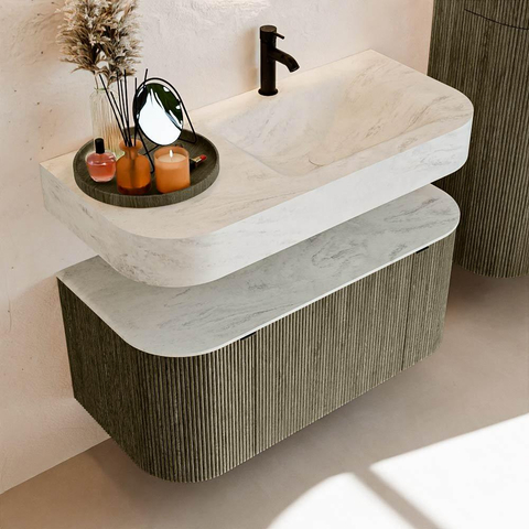 MONDIAZ THOR-DLUX 100cm meuble de salle de bains arrondi gauche + droite couleur Shadow avec 1 tiroir et 2 portes. Vasque suspendue CLOUD Droite 1 trou de robinet couleur Opalo. SW1467525