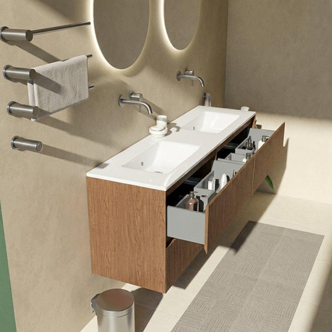 Saniclass Holz Atelier Ensemble de meubles de salle de bains - 160x45x62cm - lavabo Vygo en céramique blanc - 2 vasques - sans trous de robinet - 4 tiroirs - noyer pure mat (bois) SW1478930
