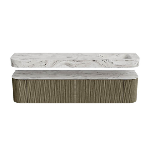 MONDIAZ THOR-DLUX 200cm meuble de salle de bains arrondi gauche + droite couleur Shadow avec 2 tiroirs et 2 portes. Vasque suspendue CLOUD Droite sans trou de robinet couleur Glace. SW1467036