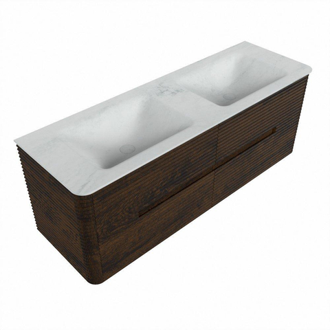 Mondiaz CIRO-DLUX Badkamermeubelset - 140x45x50cm - Solid surface wastafel Opalo - 2 wasbak Dubbel - zonder kraangaten - 4 lades - Walnut SW1530335