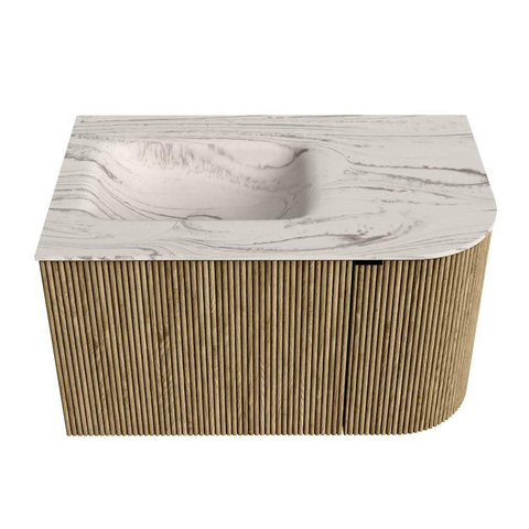 MONDIAZ KURVE-DLUX Meuble de salle de bains 75cm arrondi à droite couleur Dusk avec 1 tiroir et 1 porte. Lavabo GRUNNE à gauche 1 trou de robinet Nata. SW1434034