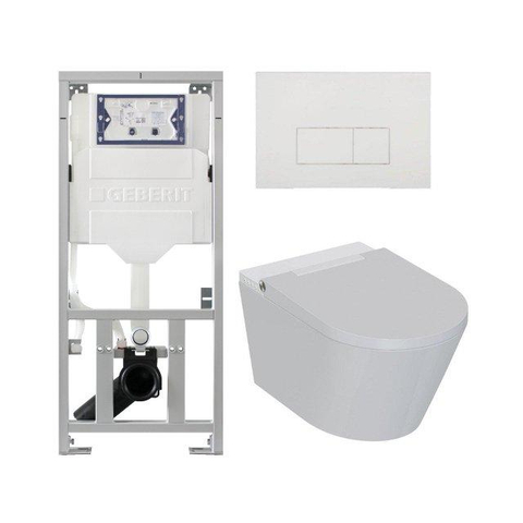 QeramiQ Luma Ensemble WC-douche - Réservoir encastré Geberit UP320 - avec châssis Burda - sèche-cheveux - douchette féminine - plaque de commande métallique blanche mate - boutons rectangulaires - blanc brillant SW1472012