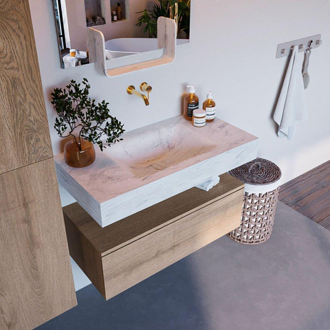 Mondiaz ALAN-DLUX Ensemble de meuble - 90cm - meuble Washed Oak mat - 1 tiroir - Lavabo Cloud Opalo suspendu - vasque Centre - 0 trous de robinet SW808839