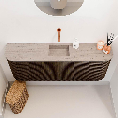Mondiaz JOYA-DLUX 113.2cm toiletmeubel - ronding links en rechts kleur Walnut - Wastafel FAYE positie Midden Zonder kraangat kleur Saba. SW1424727