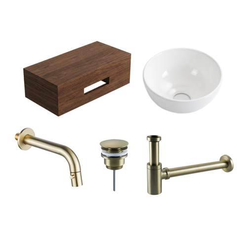 Royal Plaza Terra pack lave-mains – 40 x 25 x 10 cm – bois blanc brillant – robinet doré brossé – châtaigne (noyer) SW1576326