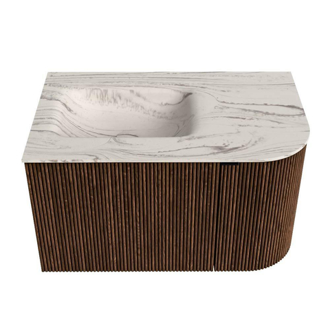 MONDIAZ KURVE-DLUX Meuble de salle de bains 75cm arrondi à droite couleur Walnut avec 1 tiroir et 1 porte. Lavabo GRUNNE à gauche sans trou de robinet Nata. SW1432154