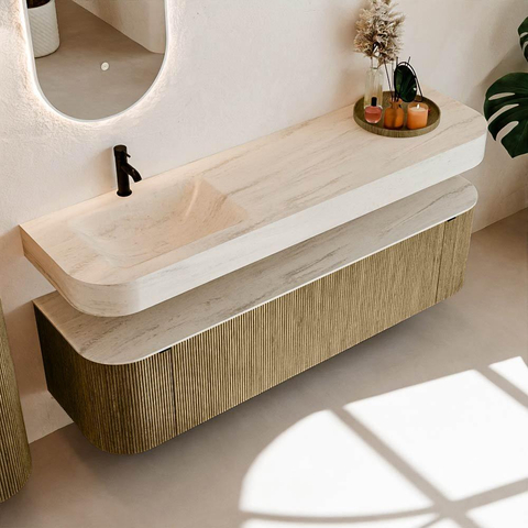 MONDIAZ THOR-DLUX 170cm meuble de salle de bains arrondi gauche + droite couleur Dusk avec 1 tiroir et 2 portes. Vasque suspendue CLOUD Gauche 1 trou de robinet couleur Meli. SW1465753
