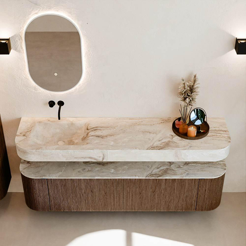 MONDIAZ THOR-DLUX 180cm badmeubel ronding links + rechts kleur Walnut met 2 lades en 2 deuren. Vrijhangende wastafel CLOUD Links zonder kraangat kleur Frappe. SW1465933