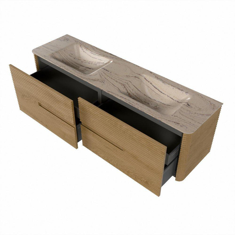 Mondiaz CIRO-DLUX Badkamermeubelset - 170x45x50cm - Solid surface wastafel Arena - 2 wasbak Dubbel - zonder kraangaten - 4 lades - Oak SW1531360