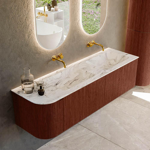 Mondiaz KURVE-DLUX Ensemble de meubles de salle de bains - 155x46x40cm - 2 tiroirs - 1 porte - lavabo solid surface - double / droite - sans trou de robinet - Ruby SW1415979