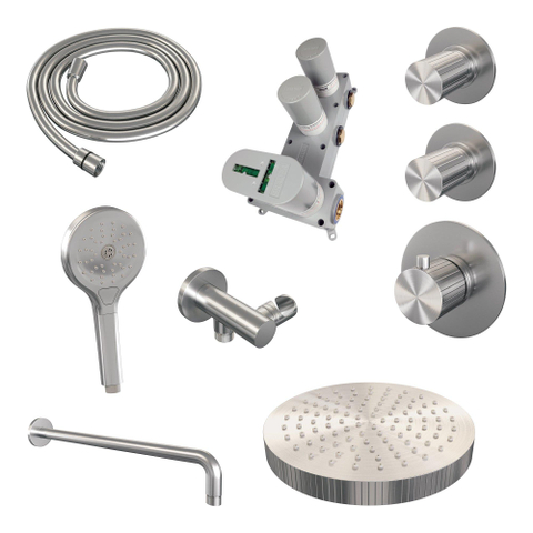BRAUER Stripe Douche de tête thermostatique encastrée - SET 05 - pomme de douche 25cm - bras mural courbé - douchette 3 positions - flexible de douche - coude mural - couleur inox brossé PVD SW1435067