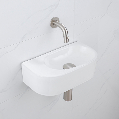QeramiQ Fuente pack lave-mains – demi-rond – 40 x 21,5 x 12 cm – céramique blanc brillant – robinet inox brossé SW1233098