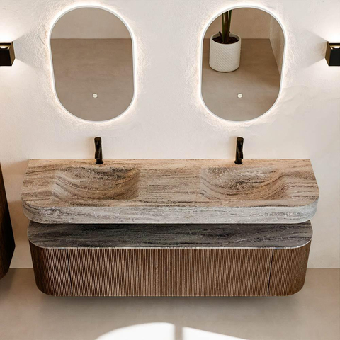 MONDIAZ THOR-DLUX 170cm badmeubel ronding links + rechts kleur Walnut met 1 lade en 2 deuren. Vrijhangende wastafel CLOUD Dubbel 2 kraangaten kleur Oza. SW1465679