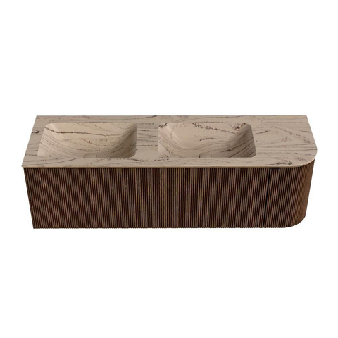 MONDIAZ KURVE-DLUX 145cm meuble de salle de bains arrondi droit couleur noyer avec 1 tiroir et 1 porte. Lavabo LEAF Double / Gauche 2 trous de robinet Arena. SW1431244